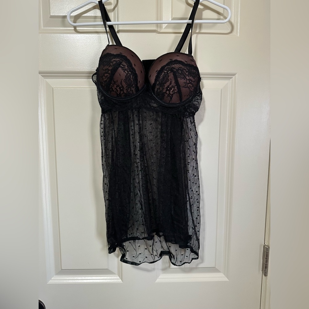 Black Lace Chemise with Sheer Mesh and Adjustable Straps